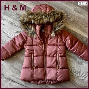 H & M Hooded Rose Pink Puffer Jacket w/ Faux Fur - Sz 3T